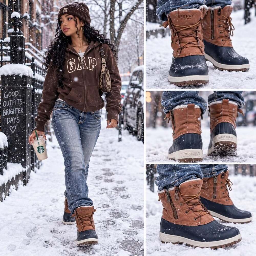 Sperry Saltwater Duck Boots Size 7M Brown Navy Leather Winter Snow